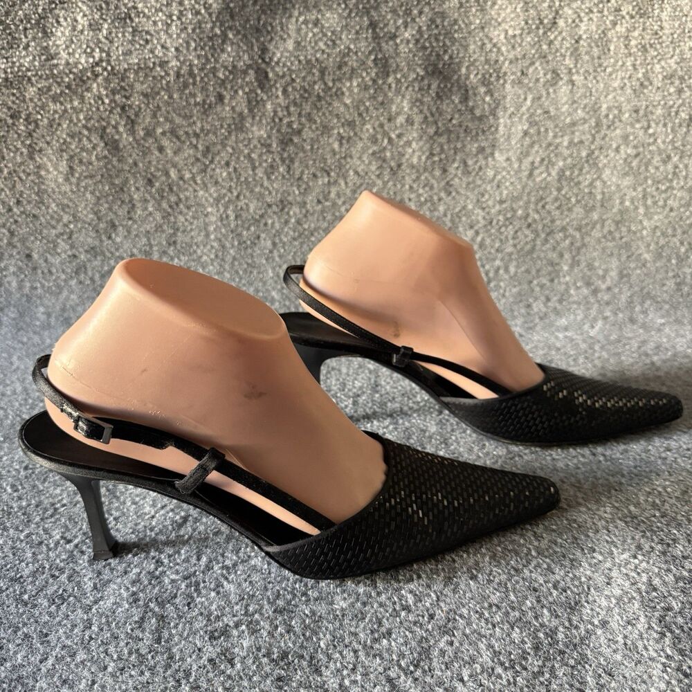 VTG St. John Black Paillettes Leather Slingback Pointed Toe Stiletto Heel 10B